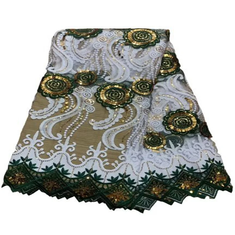 

Зеленая/белая африканская кружевная ткань 2023, Высококачественная французская сетчатая кружевная ткань с блестками, нигерийские кружевные ткани для свадебного платья