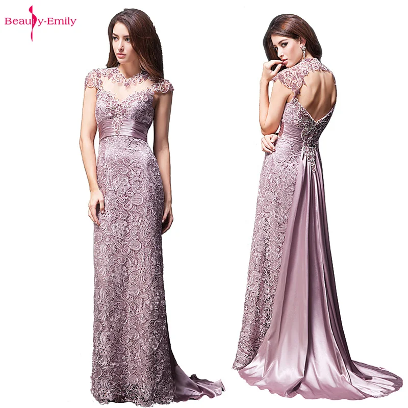 

Beauty Emily Long Evening Dresses Luxury 2022 Pearls Sexy Women Formal Dress Beading Lace Prom Gowns Open Back Sleevesless