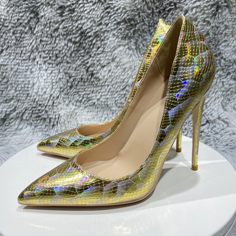 

Gold Crocodile effect bling shiny pointy toe 12cm 10cm 8cm high heels mixed colors fashion women sexy pumps QP203 ROVICIYA