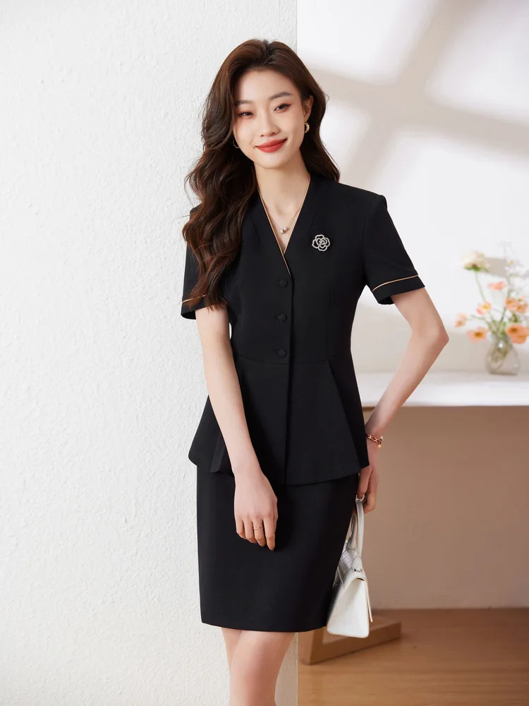 

2023 New Summer Short Sleeve Fashion Work Uniforms Airline Stewardess Suit High Speed Rail Flight Attendant Black Formal Wear Bu
