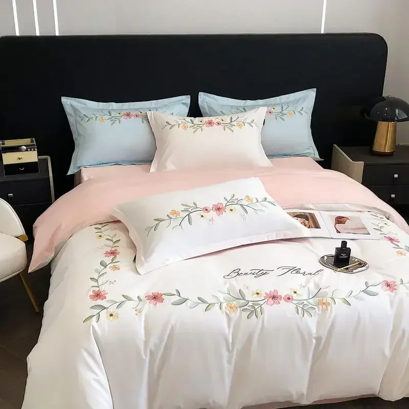 

Flower Embroidery Pure Cotton Duvet Cover Set 220x240 High Quality Queen Bedding Set King Size Quilt Cover Set with Sheets Home