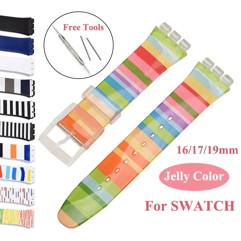 Watch Strap PVC Belt for SWATCH 16mm 17mm 19mm Watch Accessories Soft Jelly Color Waterproof Rubber Wristband Bracelet with Tool
Watch Strap PVC Belt for SWATCH 16mm 17mm 19mm Watch Accessories Soft Jelly Color Waterproof Rubber Wristband Bracelet with Tool