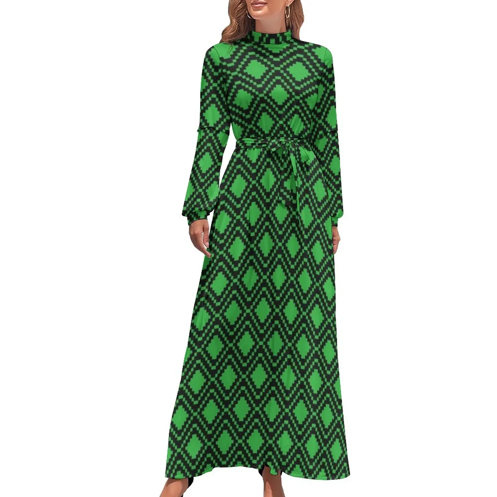 

Платье-макси зеленое в скандинавском стиле с длинным рукавом и высокой талией