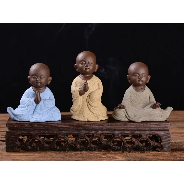 

3PCS # Marvellous Spiritual ART # OFFICE home Buddhism Buddha CHAN DAO Little Monk sand-fired kiln porcelain pottery ceramic ART