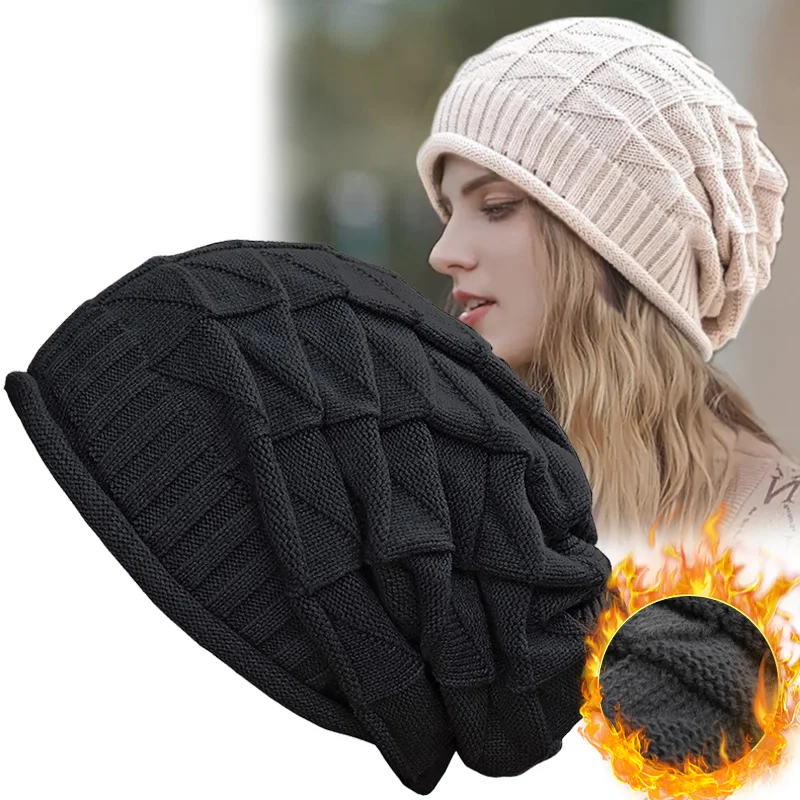 

Solid Wool Winter Knitted Beanies Hat for Women Slouchy Cap Fashion Baggy Outdoor Warm Bonnet Hoods Female Snow Ski Warmer Gorra