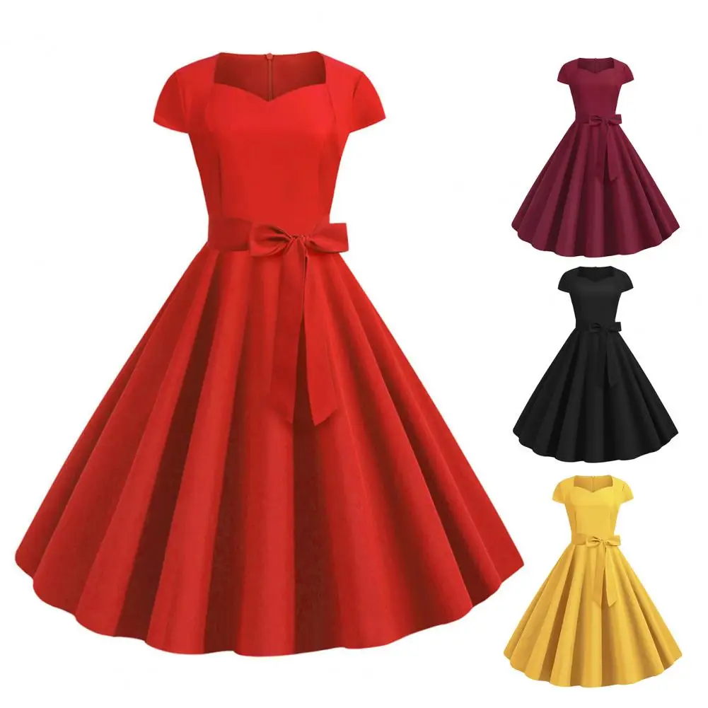 

Women Party Dress Solid Color Princess Style Short Sleeve Lady Midi Dress Retro V Neck Belted Bow Decor Big Swing A-line Dress