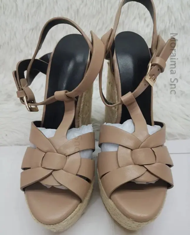 

Cross Weave Wedge Platform Sandals for Women High heeled Black Leather Espadarille Summer Peep Toe Heels Gladiator Lady Shoes