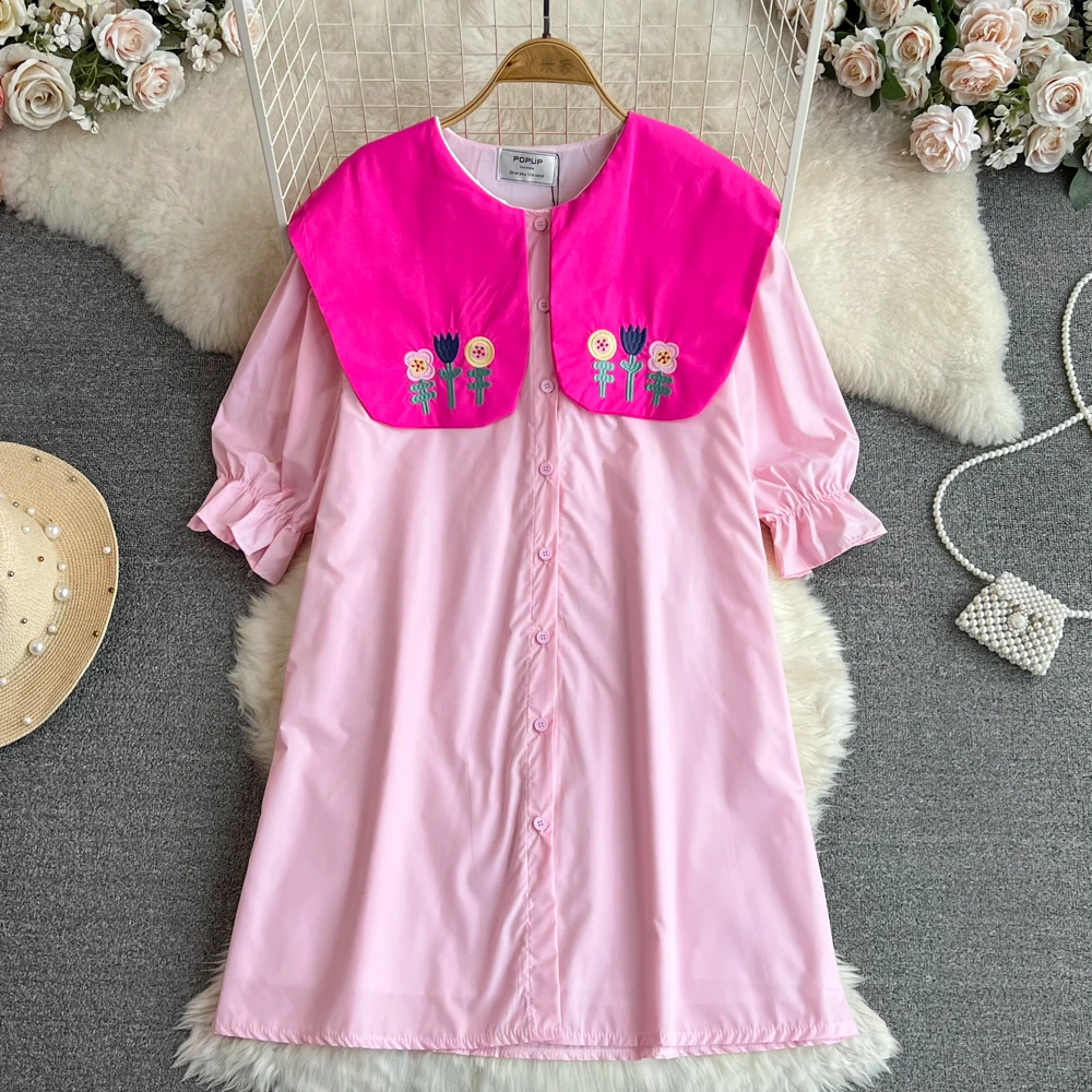Summer Korean Color Contrast Embroidered Doll Neck Flared Sleeves Loose Single Breasted A-line Dress
Summer Korean Color Contrast Embroidered Doll Neck Flared Sleeves Loose Single Breasted A-line Dress