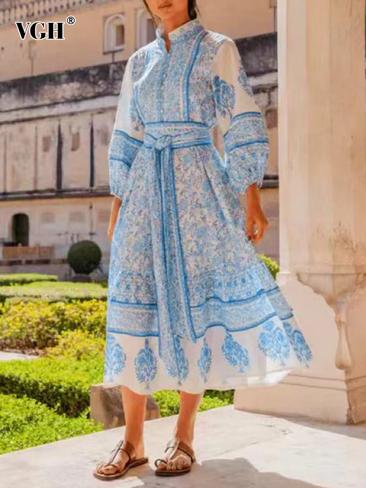 VGH Colorblock Printing Casual Dresses For Women Stand Collar Lantern Sleeve High Waist Spliced Lace Up Elegant Dress Female New
VGH Colorblock Printing Casual Dresses For Women Stand Collar Lantern Sleeve High Waist Spliced Lace Up Elegant Dress Female New