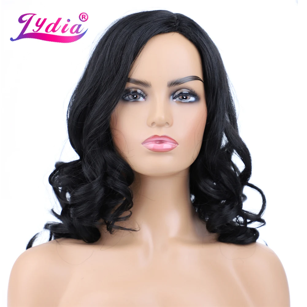 

Lydia Long Curly Synthetic Hair Daily Wigs Skin Head Topper African American Women Loose Water Wavy Black 16Inch Part-Side