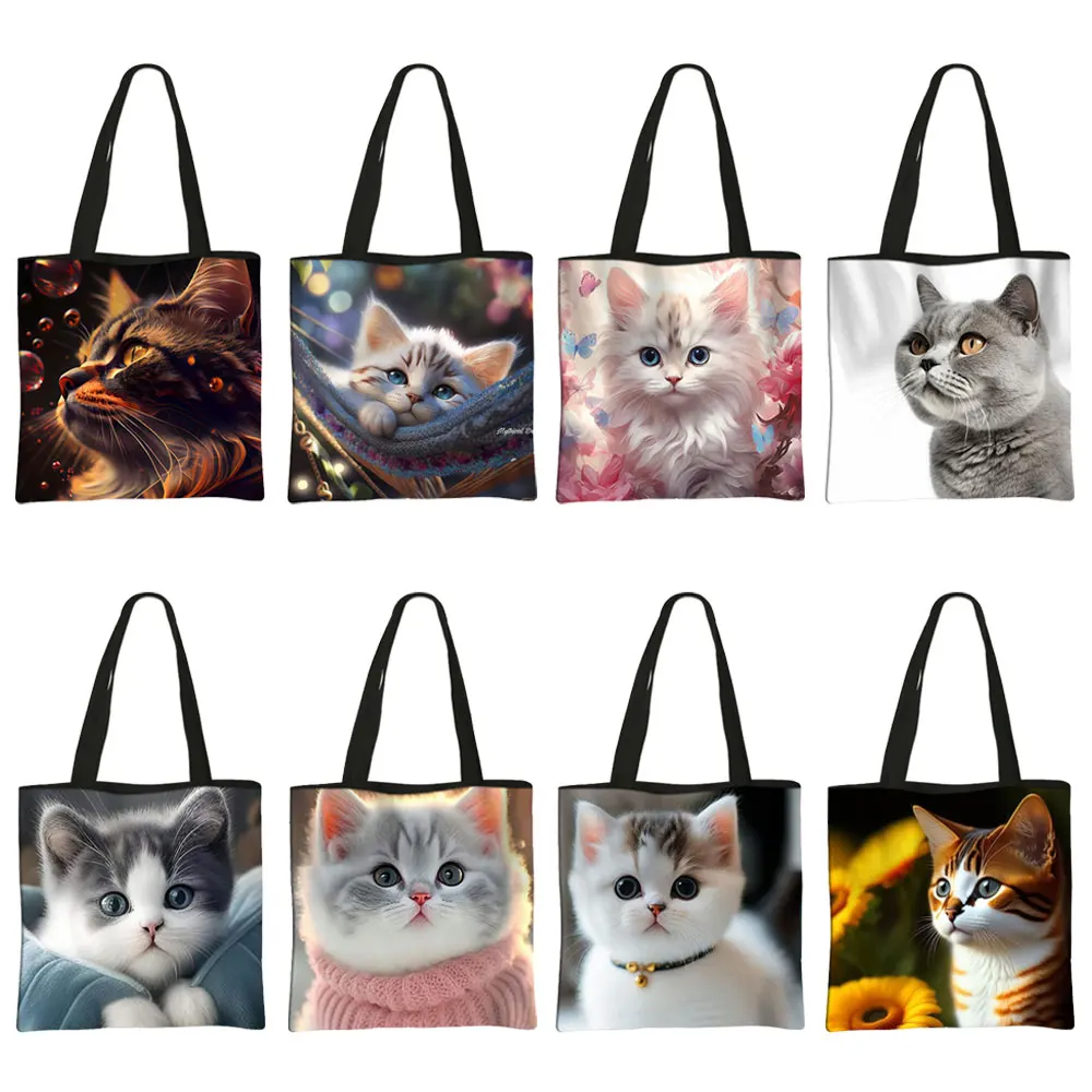

Adorable Cat Print Women Shoulder Bag Persian/Siamese Cat Shopping Bag Scottish British Cat Kitten Tote Bag Handbag Shopper Bag