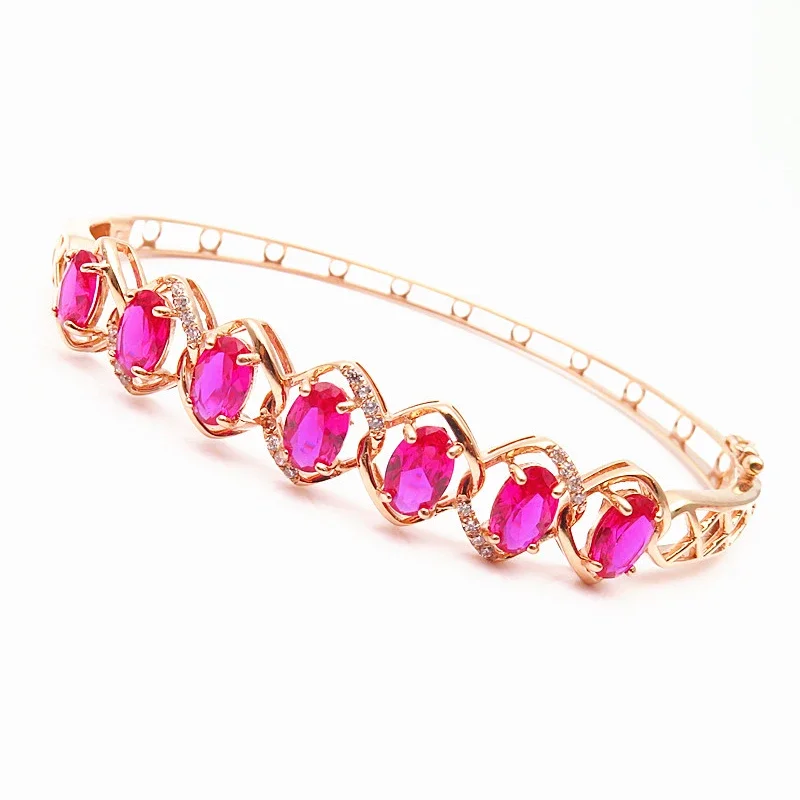 

585 Purple Gold Inlaid Crystal Oval Ruby Bracelet for Women 14K Rose Gold Plated Fashion Luxury Glamour Wedding Jewelry