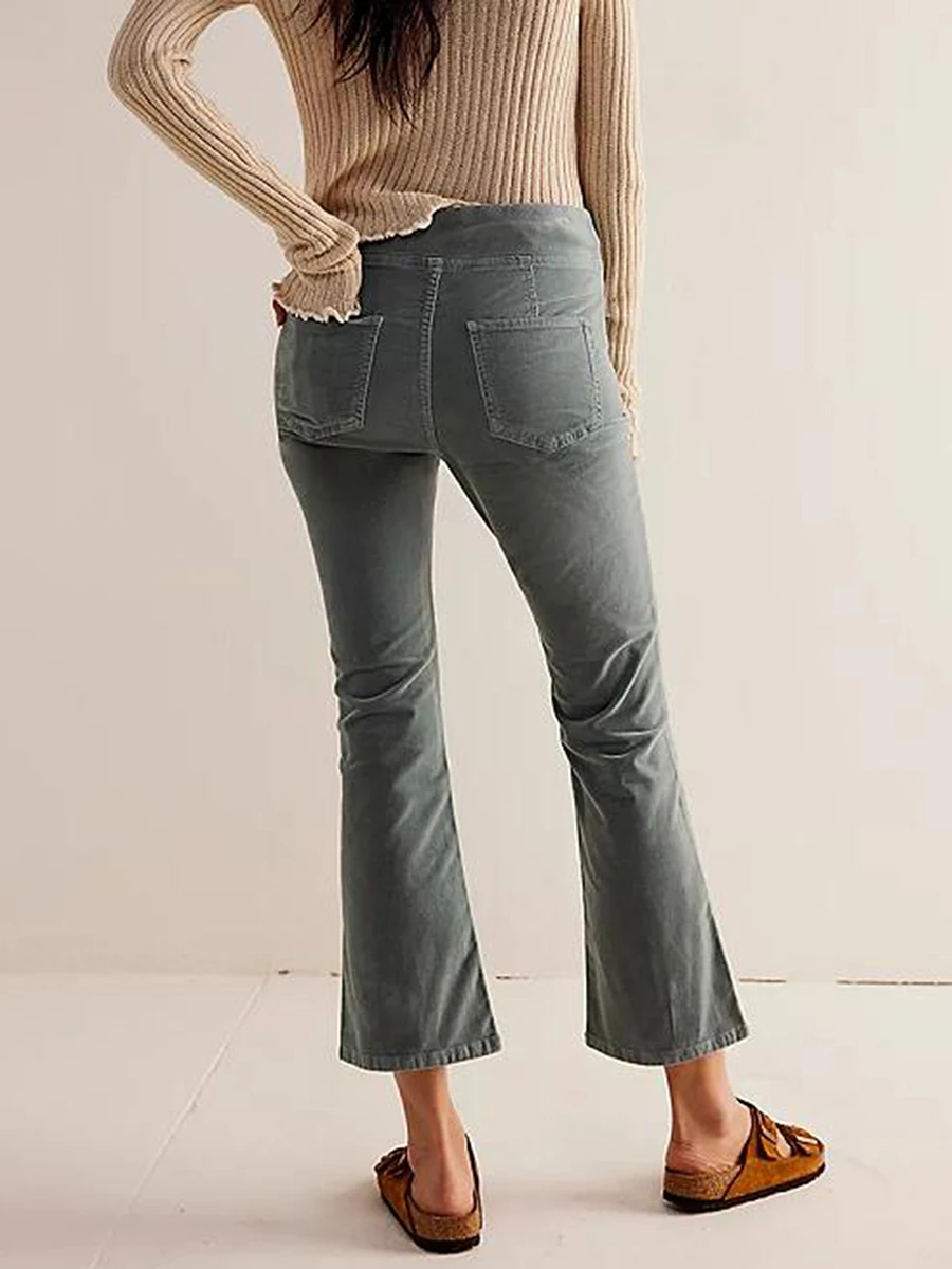 

Women Summer Casual Flare Pants Elastic Waist Slim Fit Solid Cropped Pants Fall Trousers for Casual Daily