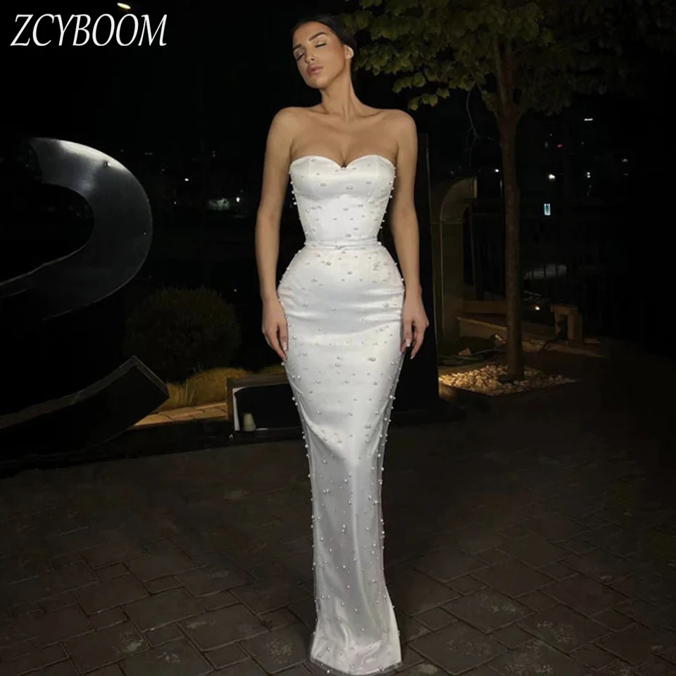 

Charming Sweetheart Strapless Pearls Open Back White Evening Dress 2024 Mermaid Sleeveless Floor Length Zipper Prom Dress