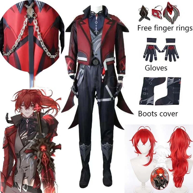 

Game Genshin Impact Diluc Ragnvindr New Skin Cosplay Costume Halloween Carnival Suit Diluc Red Dead of Night Full Set Outfit Wig
