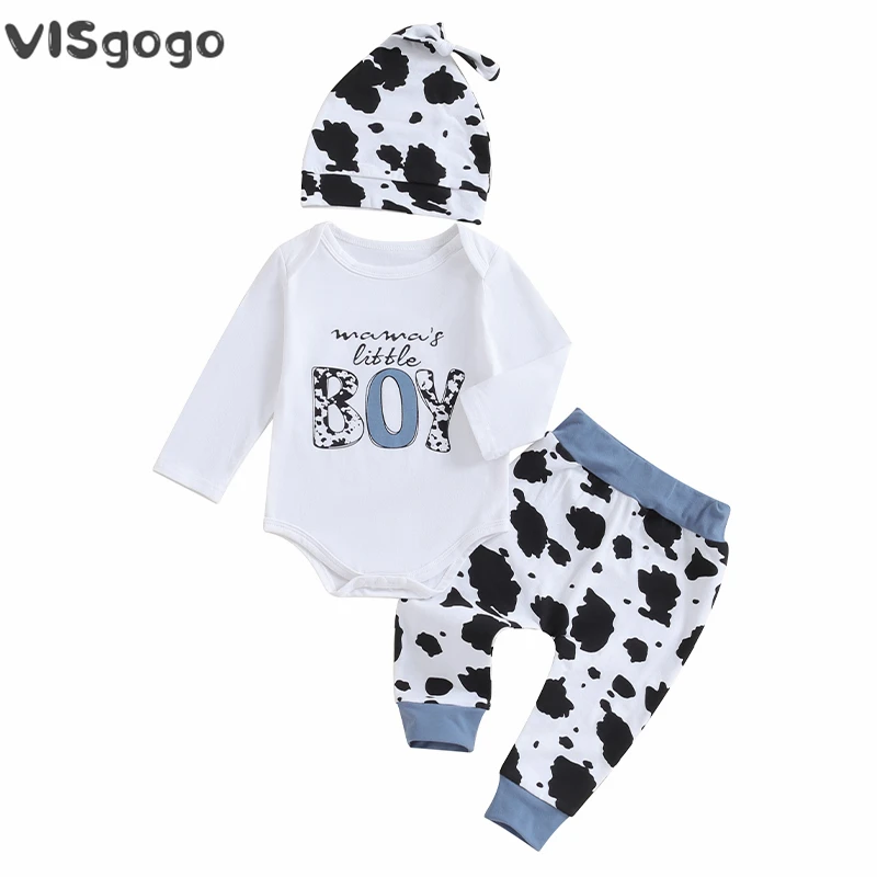 VISgogo 3 Pcs Baby Boy Outfit Letter Print Long Sleeve Rompers and Cow Print Elastic Pants Beanie Hat Set Fall Spring Clothes
VISgogo 3 Pcs Baby Boy Outfit Letter Print Long Sleeve Rompers and Cow Print Elastic Pants Beanie Hat Set Fall Spring Clothes