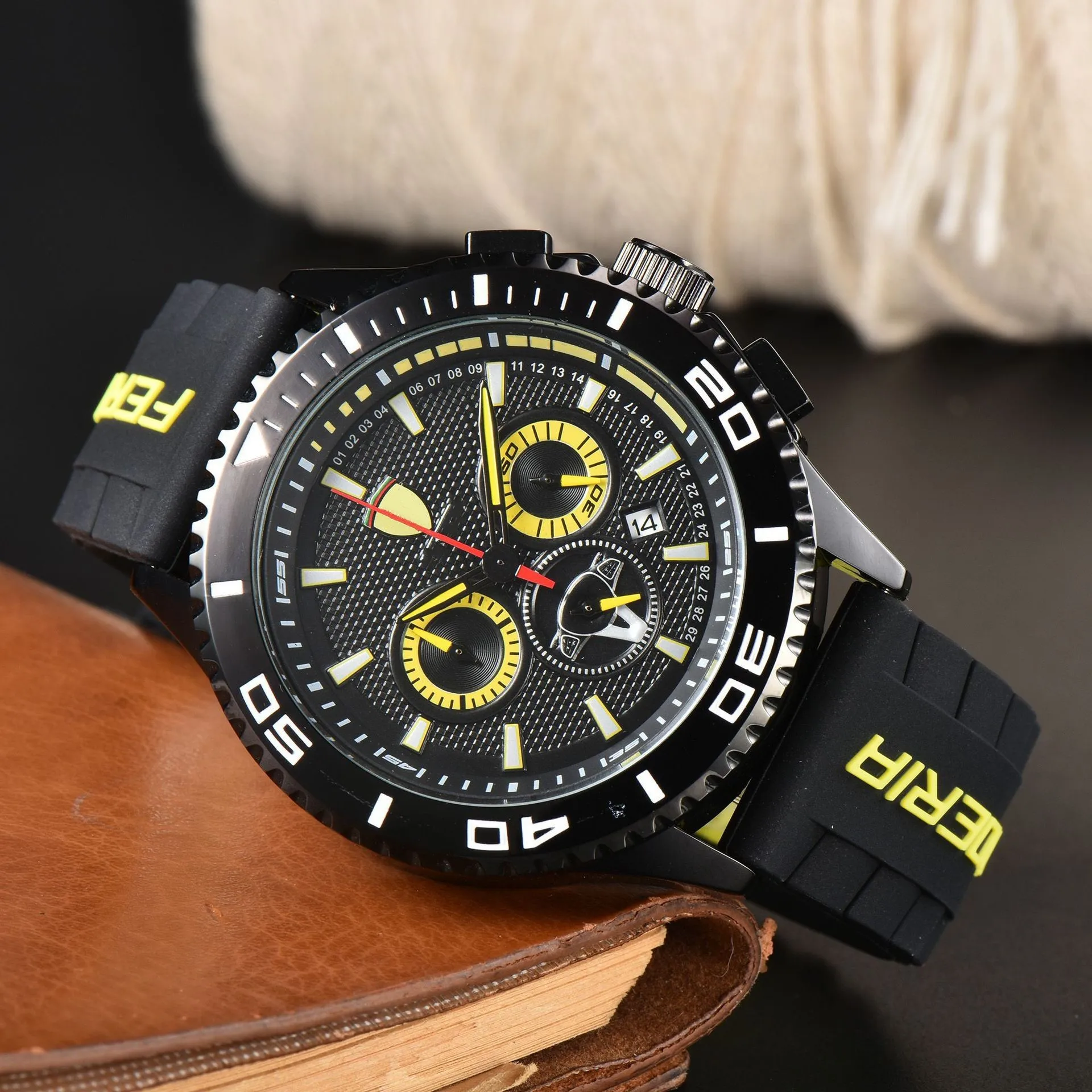 

New Original Brand Quartz Ferrari Watches for Men Fashion Classic Square Multifunction Sports Watch Date Chronograph AAA Clock