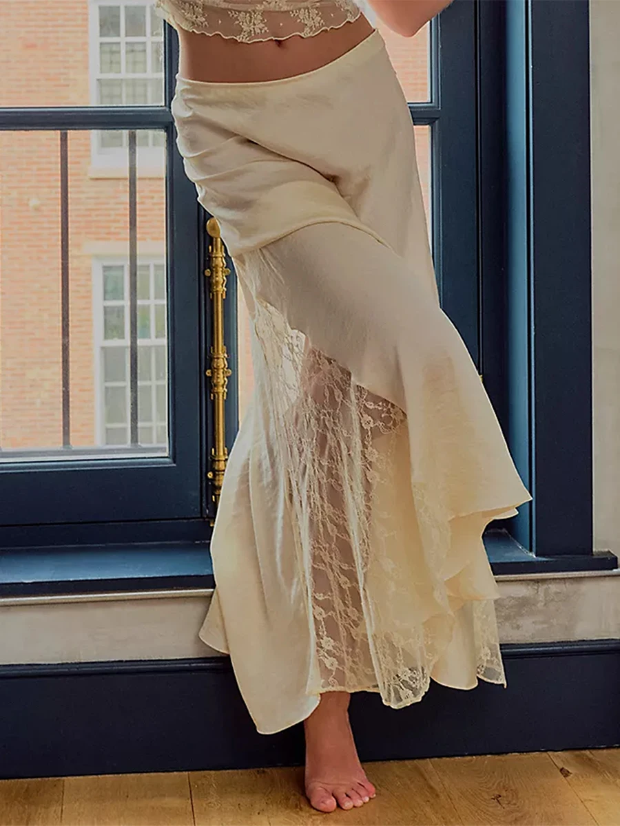 

Женская атласная юбка миди с низкой талией, кружевная Лоскутная атласная юбка с цветочным кружевом, летняя ретро юбка средней длины
