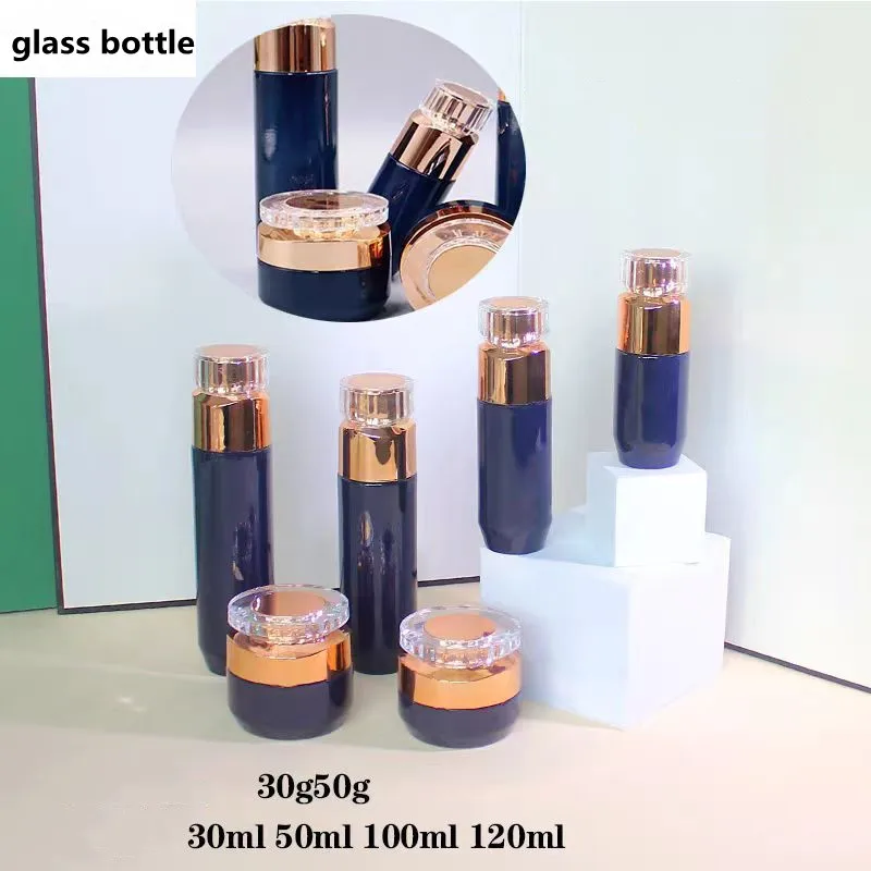 

6pcs High-grade Glass Cosmetic Container Empty Cream jar Essence Lotion /Spray Pump Bottle Dark Blue Cosmetic Package Bottle Set