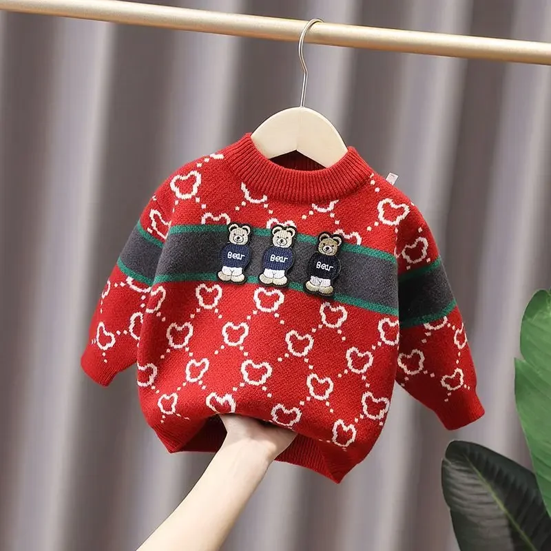 

Вязаная одежда для маленьких мальчиков, детский весенне-осенний хлопковый свитер в полоску, топ, детский пуловер с вышивкой в виде медведя, трикотажная одежда с круглым вырезом