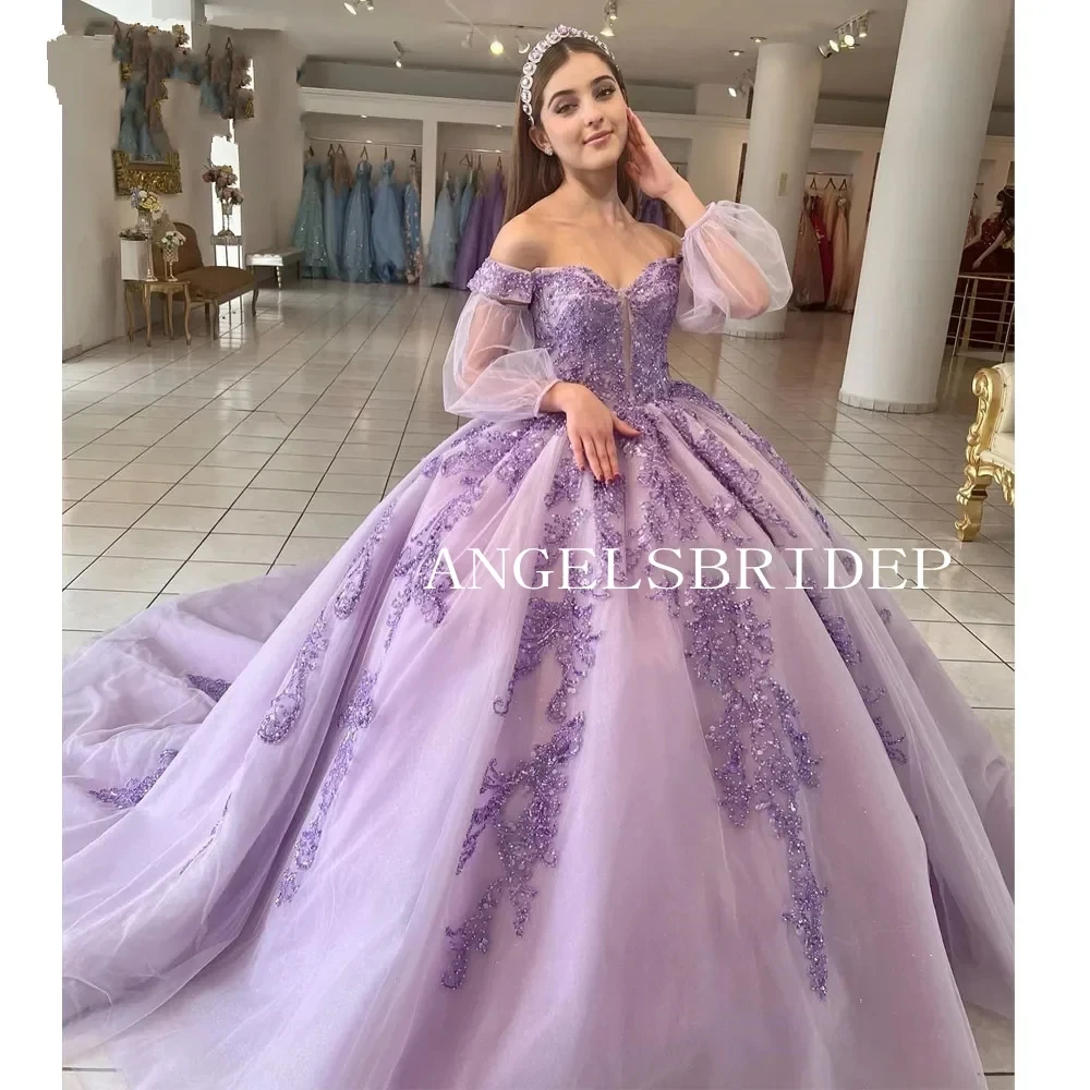 

ANGELSBRIDEP сиреневые платья для Quinceanera с открытыми плечами с длинными рукавами с бисером кружевные платья для 15 лет бальное платье для вечеринки в честь Дня Рождения