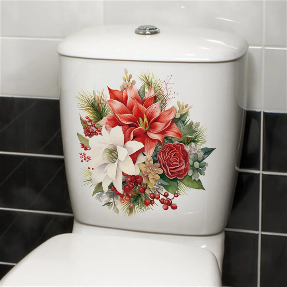 

1pcs PVC Self-Adhesive Toilet Lid Stickers Waterproof Lightweight Christmas Flower Patterns Bathroom Toilet Seat Wall Sticker