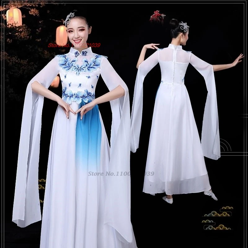 

2024 chinese stage dress improved cheongsam national flower embroidery chiffon qipao evening dress oriental banquet formal dress