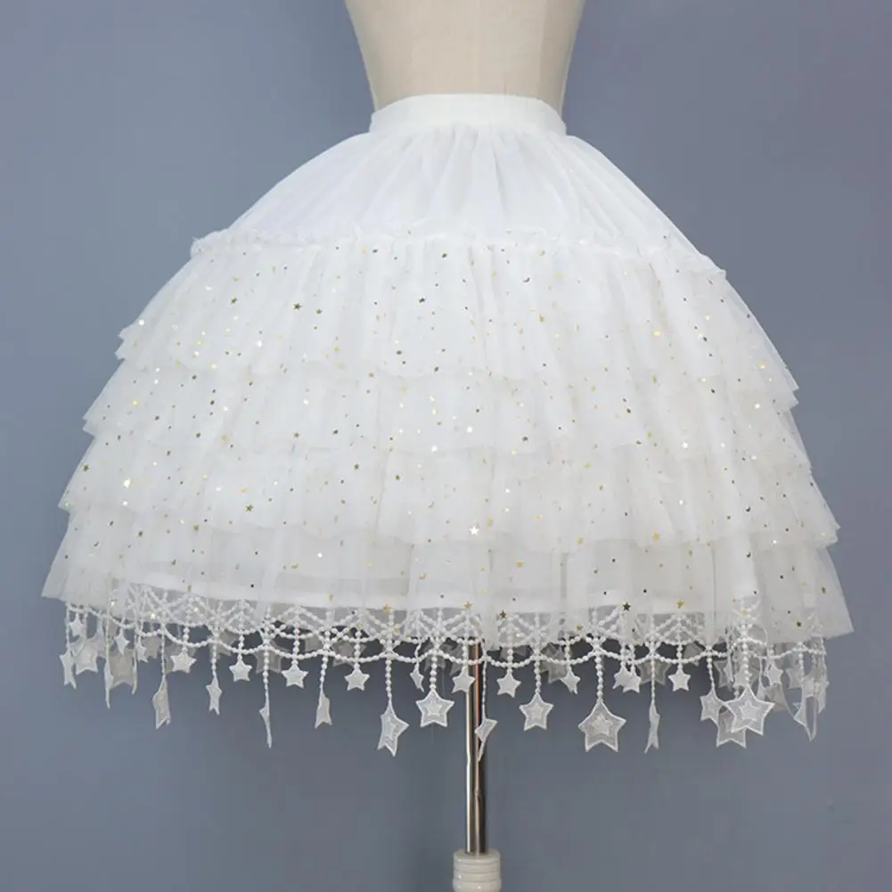 

Women Ruffled Petticoat Star Tassel Skirt Crinoline Underskirt No Hoop Boneless Tulle Skirt Adult Cosplay Costume