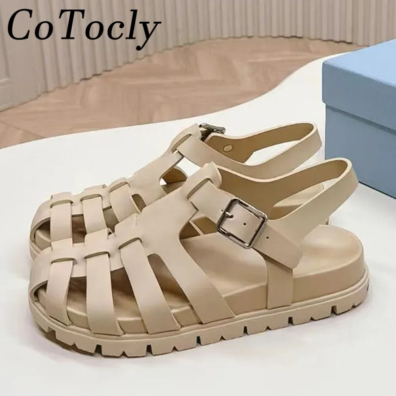 

2024 Summer Flat Sandals Women Braided Hollow Outs Casual Beach Shoes Woman Round Toe Buckle Strap Thick Sole Rome Sandals Women