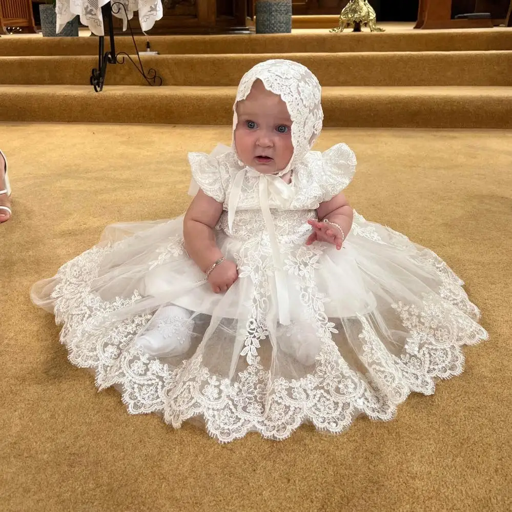 

Cute Ball Gown Baby Christening Gowns Lace Toddler Girls Baptism Dresses Glitter Sequins Newborn Infant First Communion Dresses