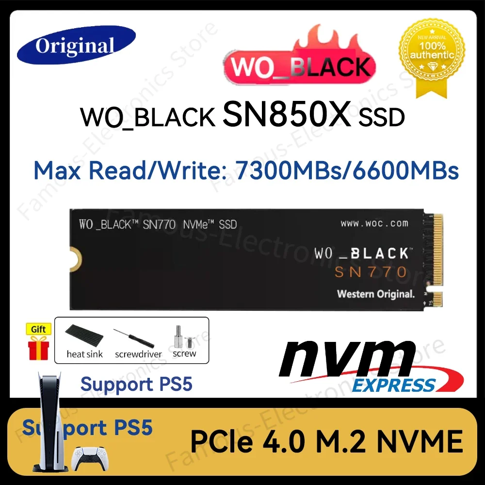 

WO_BLACK SN850X Game Drive NVMe SSD 1TB 2TB 4TB Internal Solid State Drive PCIe 4.0 M.2 2280 with Heatsink For Playstation 5 PC