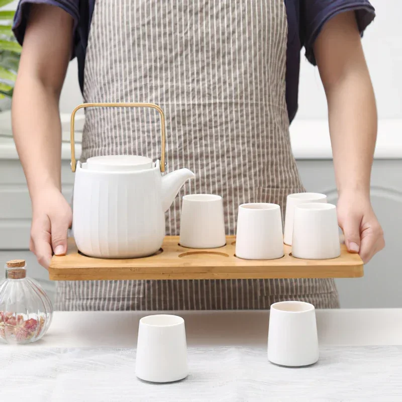 

Японский креативный Полосатый Белый чайный набор для кофе, простой белый фарфоровый чайник, наборы чашек, украшения для дома и бара, посуда для напитков