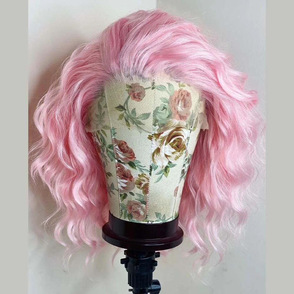 

FANXITION Short Bob Wavy Wigs Pink Synthetic Lace Front Wigs with Free Part Natural Hairline Daily Use Wigs