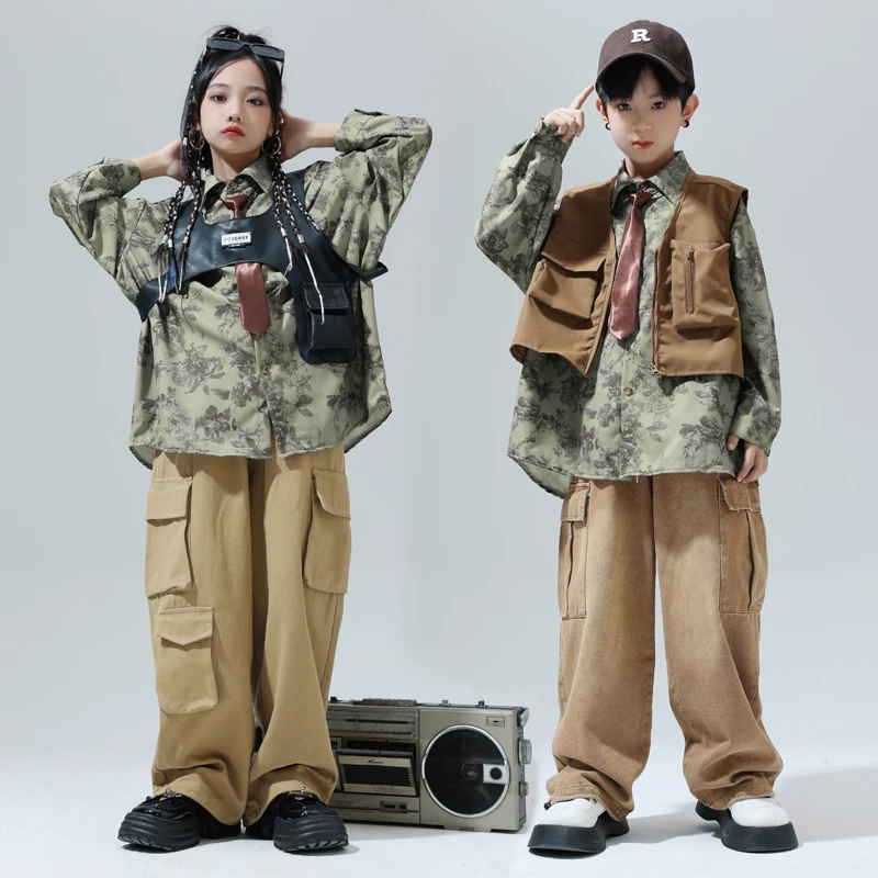 

Kids Hip Hop Clothing Vintage Print Shirt Casual Khaki Pants For Girl Boy Streetwear Dance Costume Teenage Ballroom JazzClothes