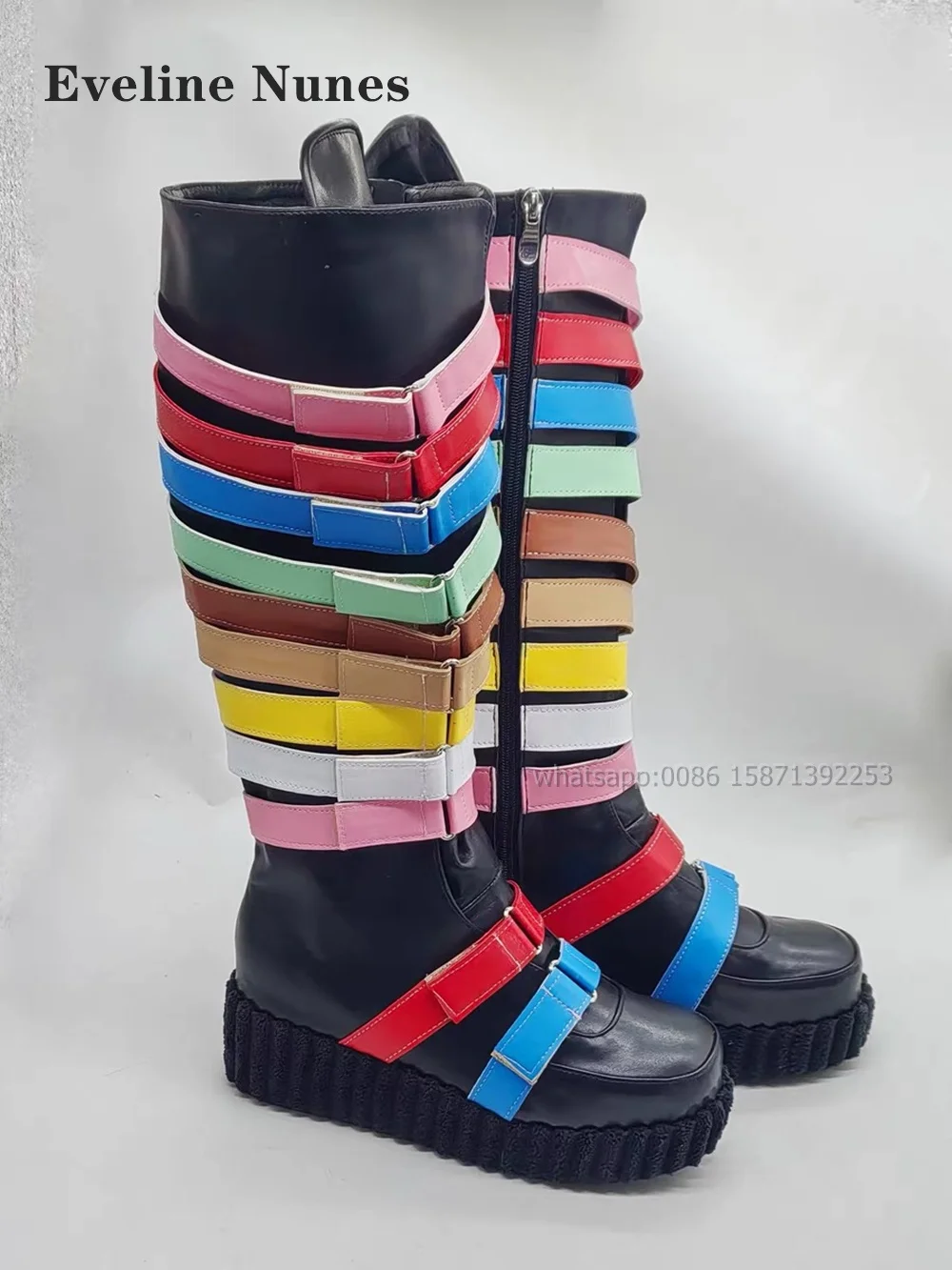 

Belt Buckle Mixed Colors Booty Round Toe Height Increasing Zip Platform Knee High Boots Patchwork Big Size Retro Punk Pantshoes