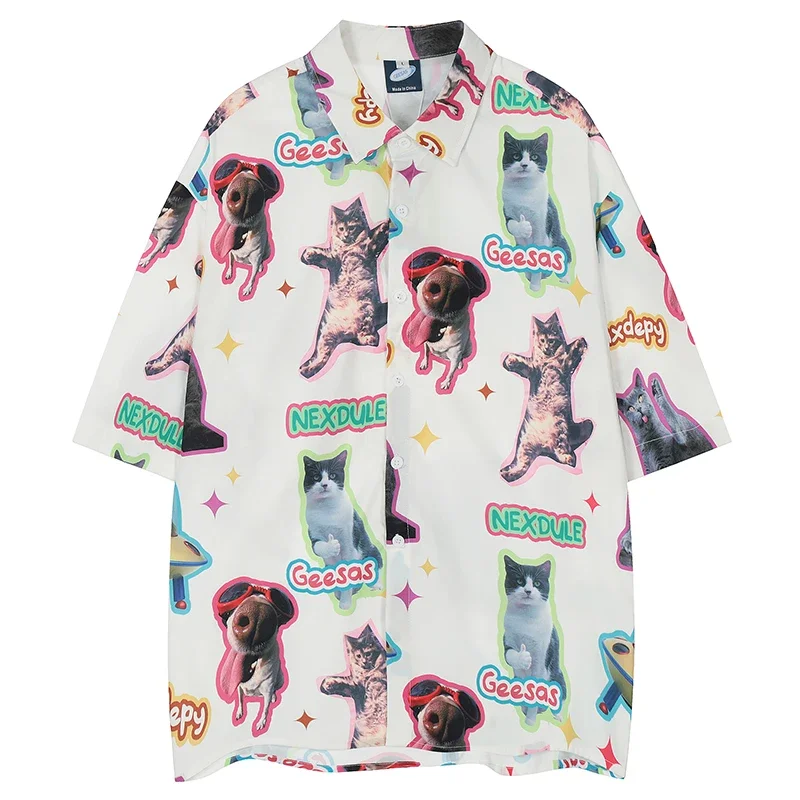 

Гавайская пляжная рубашка для мужчин, забавная футболка в стиле хип-хоп, с мультяшным принтом собаки, кота, гавайская уличная одежда в стиле Харадзюку, модная повседневная сорочка, на лето