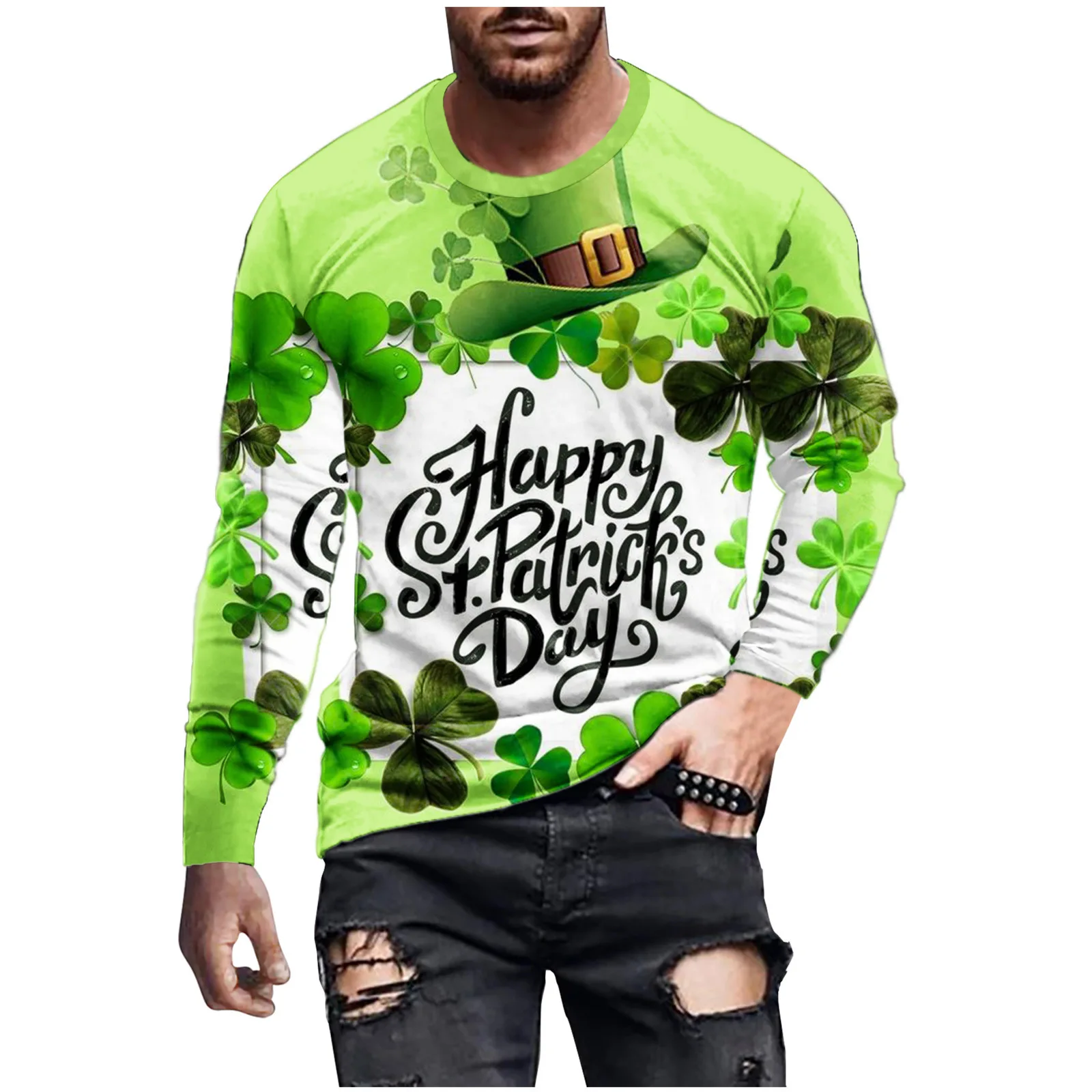 

Fashion Clover Tops Men 3D Printed Leaf Tshirt Harajuku Long Sleeve Tees St Patrick’S Day Fugees Camisetas Green Casual T Shirt