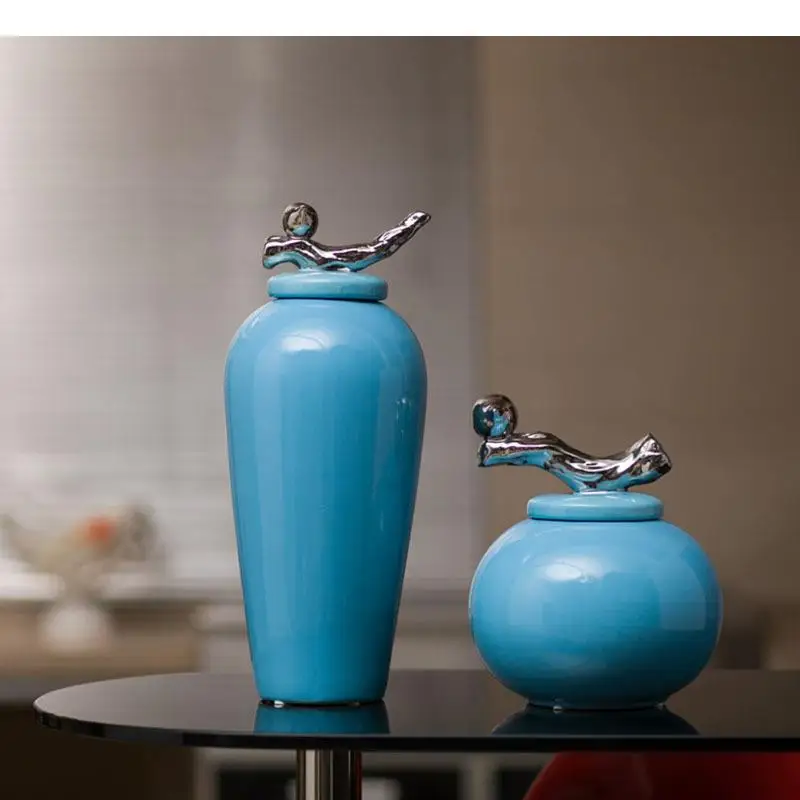 

Simplicity Blue Porcelain Jars with Lids Silver Cover Ceramic Vase Flower Arrangement Desk Decoration Cosmetic Jar Modern Decor