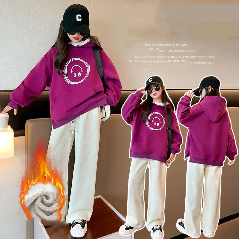 

2023 Korean Autumn Winter Teenager Girl Sweatshirts Thicken Plus Velvet Junior Girl Hooded Smile Face Sport Shirts Girl Top
