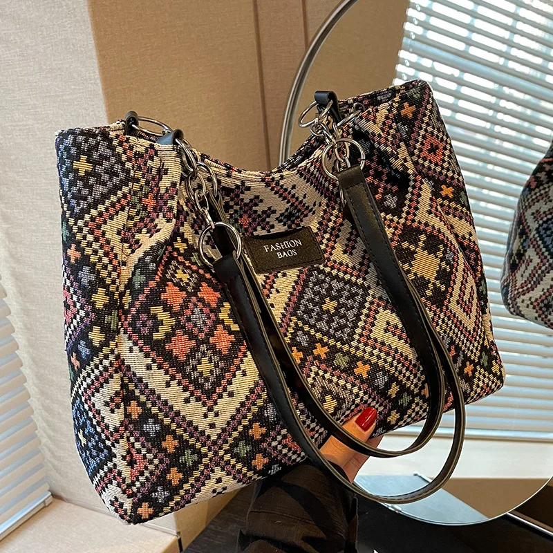 

Холщовые сумки на плечо для женщин, эко-многоразовые ретро сумки в этническом стиле, модные вместительные повседневные Простые сумки для студентов