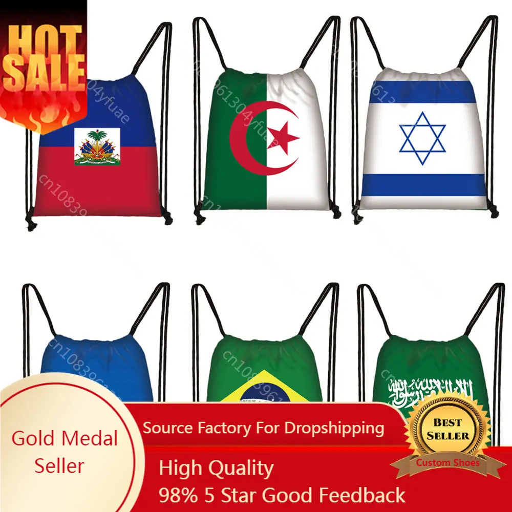 

National Flag Print Backpack Ukraine Haiti Algeria Israel Brazil Men Drawstring Bag Women Shoulder Bags for Travel Shoes Holder