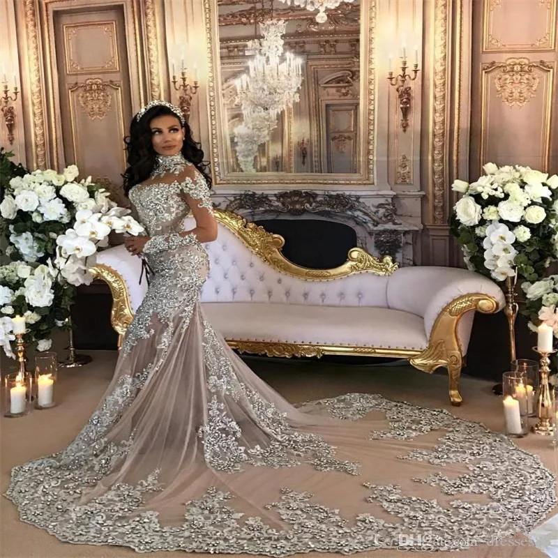 MULONG Hight Neck Sheer Mermaid Rhinestone Wedding Dress Full Sleeve Lace Applique Crysta Luxurious Bridal Dresses With Trailing
MULONG Hight Neck Sheer Mermaid Rhinestone Wedding Dress Full Sleeve Lace Applique Crysta Luxurious Bridal Dresses With Trailing