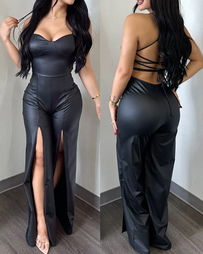 

Jumpsuit Women 2024 Summer Fashion Tied Detail Backless Slit Pu Leather Casual Low Cut Plain Sleeveless Daily Long Jumpsuit