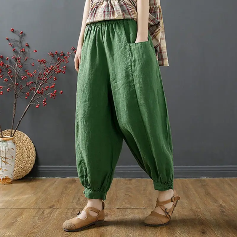 

Big Size Women Harem Pants High Waist Lantern Pants Pocket Loose Summer Thin Trouser Elastic Waist Solid Casual