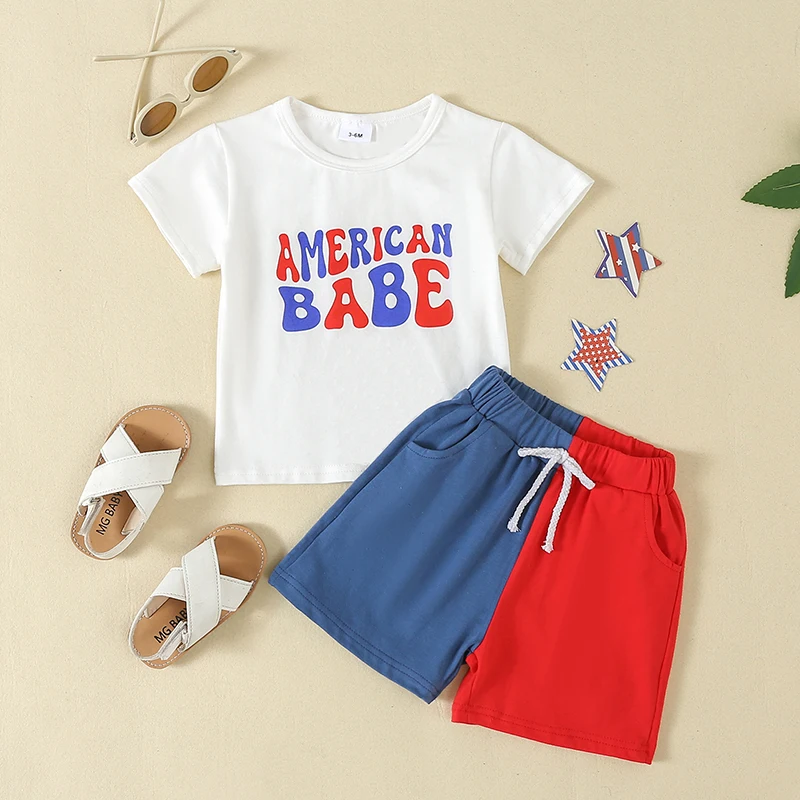 

2024-04-05 lioraitiin Toddler Boy 4th of July Outfit Letter Short Sleeve T-Shirt with Contrast Color Shorts Independence Day