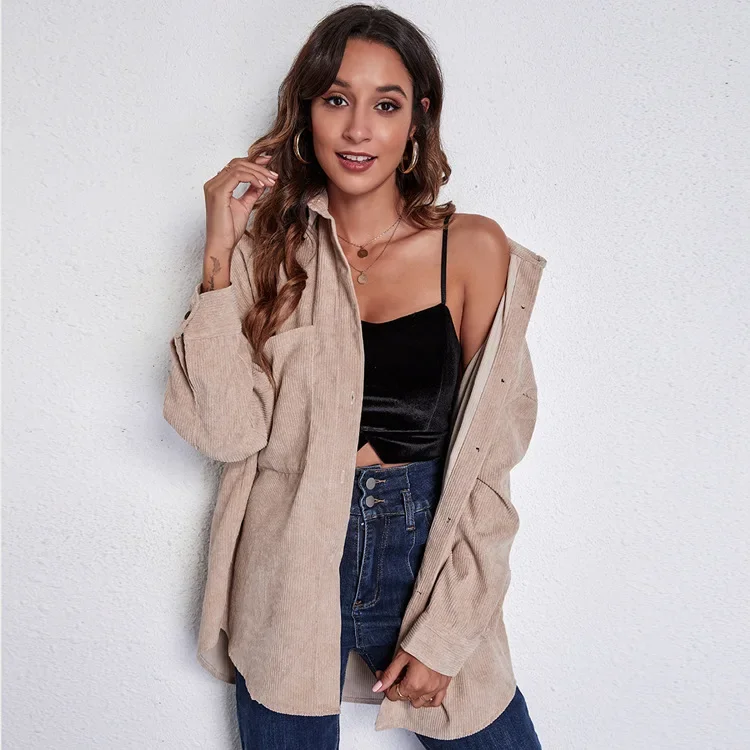 

Women Fashion With Pockets Oversized Corduroy Shirts Vintage Long Sleeve Asymmetric Loose Female Blouses Chic Tops