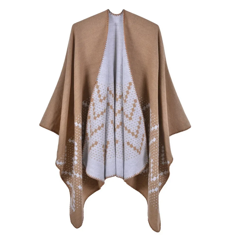 

2024 New Autumn Winter Warm Shawl Women's Travel Imitation Cashmere Fork Thickened Cloak Ponchos Khaki