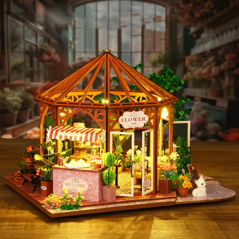 

DIY Wooden Miniature Model Kit Flower Coffee Store Casa 3D Puzzle Dollhouse With Furniture Lights Home Decor for Friends Gifts