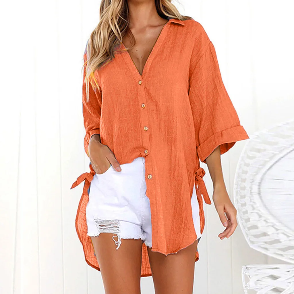 

Summer Solid Blouse Shirt Casual T-Shirt Button Sexy V Neck Half Sleeve Loose Long Blouse Women's Daily Oversied Shirts