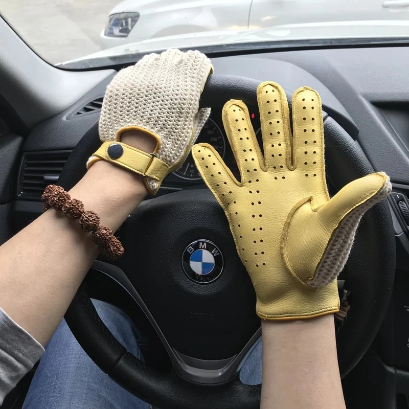 

Fashion Men Leather Gloves Sheepskin Men's Motorcycle Riding Unlined Four Seasons Thin Car Driving Full Finger Driver Mittens